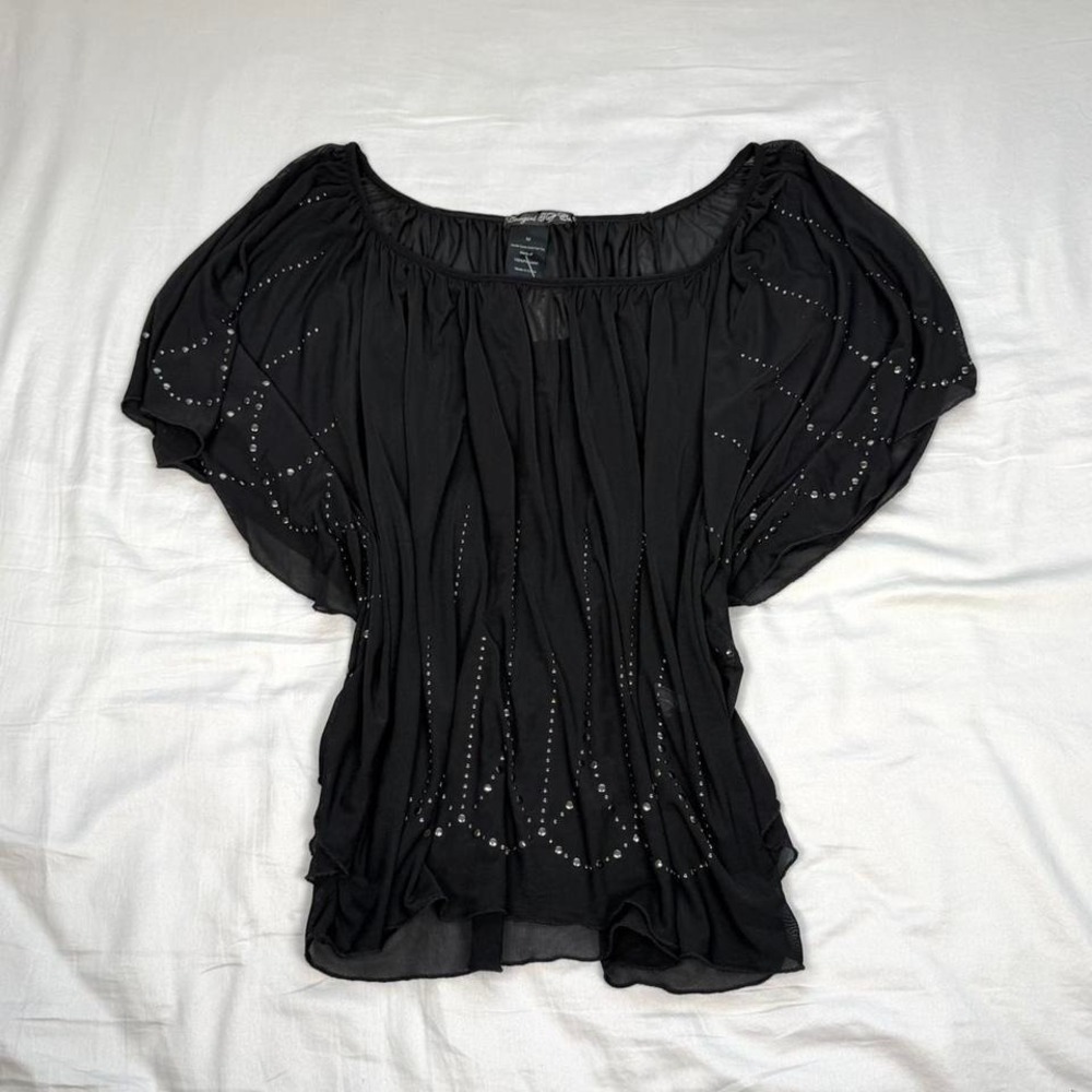 y2k Cowgirl Tuff black beaded bat wing flowy top